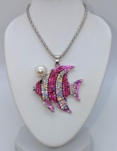 Sparkly! Betsey Johnson AB & Pink Crystal Striped Tropical Fish Pendant & Chain! - Picture 2 of 16