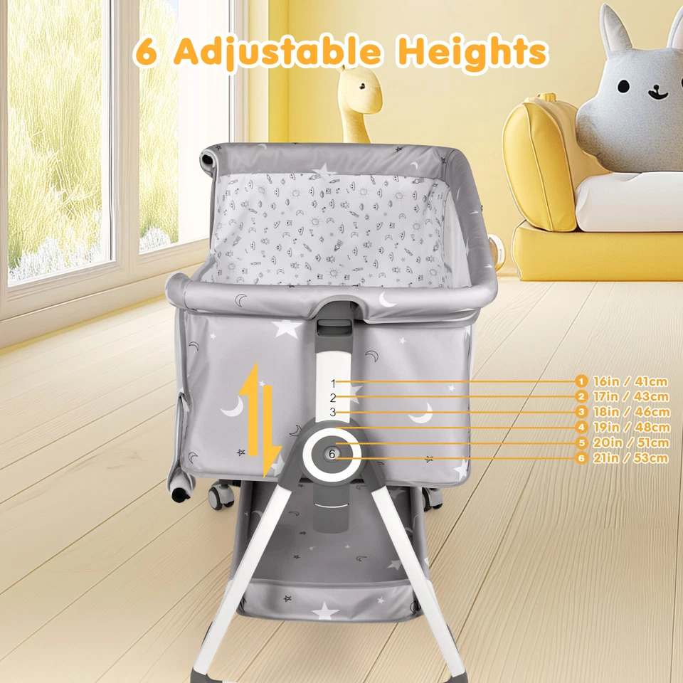 3-in-1 Baby Bassinet Adjustable Bedside Crib w/ Net & Storage Basket Grey - image 3 of 4