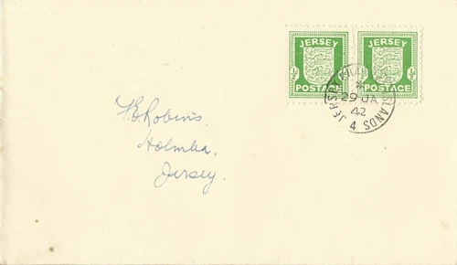 JERSEY KGV1 1942 1/2d PAIR FDC USED
