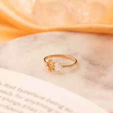 Three Shiny Leaf With Circle Of Moissanite In Real 10K Rose Gold Engagement Ring