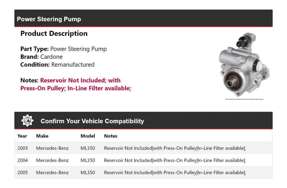 Bomba de dirección asistida Cardone 2004 para Mercedes-Benz ML350 2003-2005 Foto 2 de 4