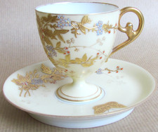 LIMOGES EGGSHELL PORCELAIN IVORY & GILT PEDESTAL CUP AND SAUCER C1880 (12407)