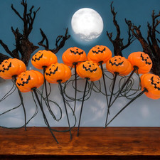 Vintage Lot 10 90's Halloween Blow Mold Pumpkin String Lights on Stakes Outdoor