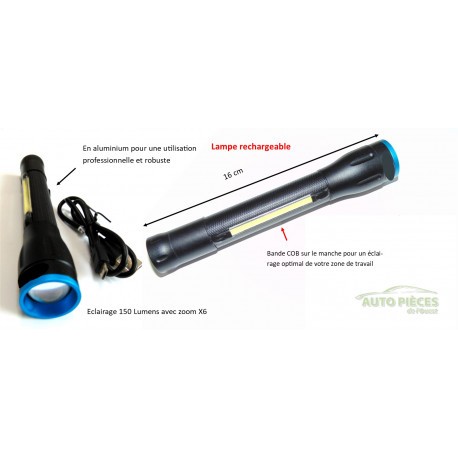 Lampe stylo aluminium rechargeable - Torche fine argentée 150 lm zoom x6