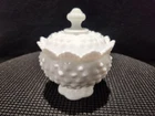 Fenton White Milk Glass Hobnail Pedestal Sugar Bowl Jam Jar Scalloped 4.75in