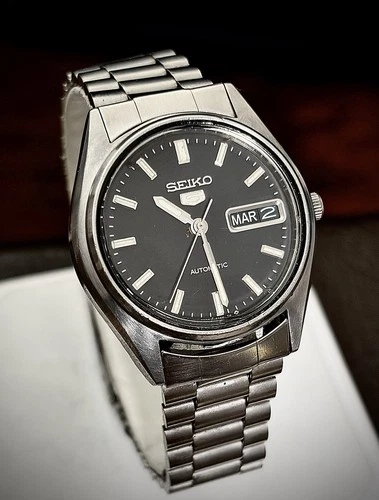 Vintage Seiko Automatic Watch Men 35mm Black Dial Steel Daydate 6309-6240 Runs