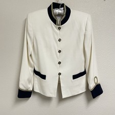 Kasper ASL Sz 10 Petite Womens Blazer Jacket Lined White Navy Gold Single Button