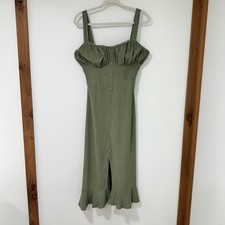 Sienna Sky Dress Womens Small Olive Green Linen Midi Ruched Cottagecore S