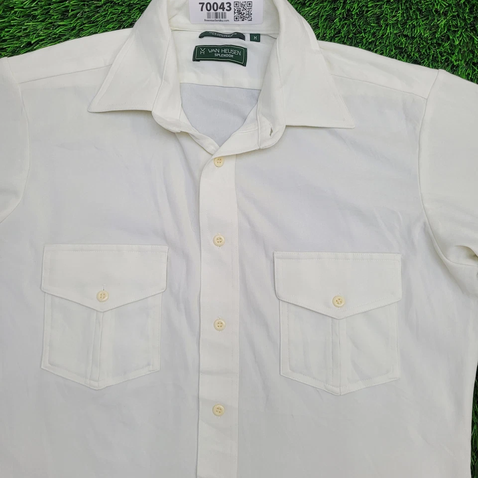 Vintage Van-Heusen Splendor Button Shirt S/M 20x28 White 80s 90s Polyester - Image 3 of 4