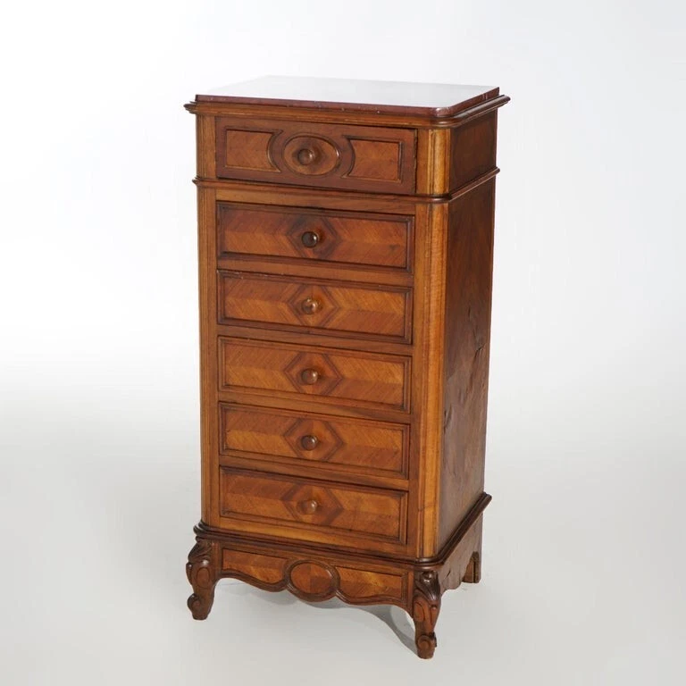 Antigo Baú Francês Luís XVI Esculpido em Nogueira, Kingwood e Mármore Forrado de Zinco século XIX - Imagem 2 de 4