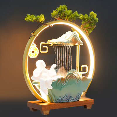 Ceramic Tabletop Water Fountain LED Light Atomizer Laughing Buddha Crane Peafowl