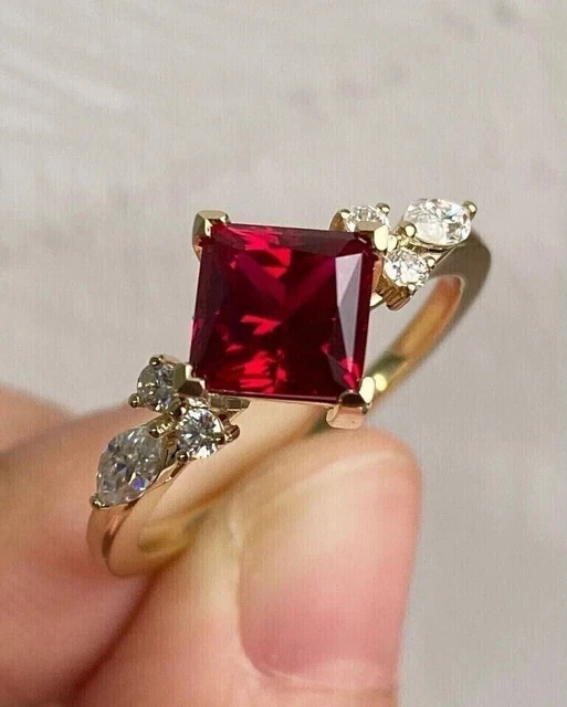 3Ct Princess Cut Simulated Red Ruby Wedding Trio Ring Set 14K Yellow Gold Plated - Image 4 of 4
