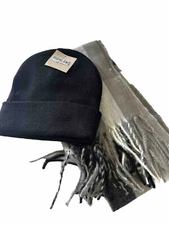 Unisex Plain Knit Beanie Hat & Plaid Scarf Cuff Ski Cap New Gray Black Fringe