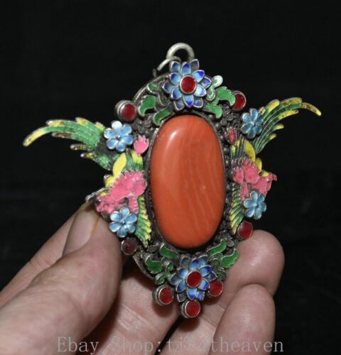 3.8" Rare Old Chinese Silver inlay Red turquoise Flower Phoenix Jewelry Pendant - Picture 1 of 5