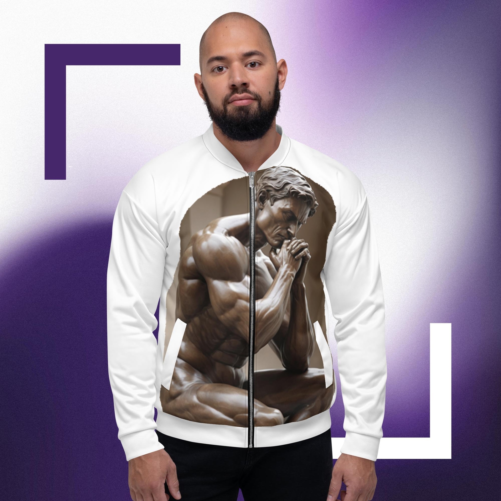 Unisex Bomber Jacket Featuring Thinking Man and Robot Design-image