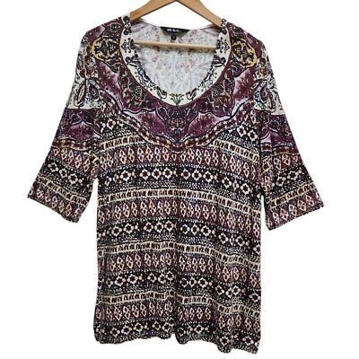 Ulla Popken Top Women 16 Burgandy Ivory Floral Stripe Print Short Slv Pullover 