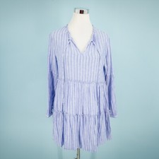 Rails Size Small S Blue Ludlow Stripe V Tie Neck Long Sleeve Linen Mini Dress