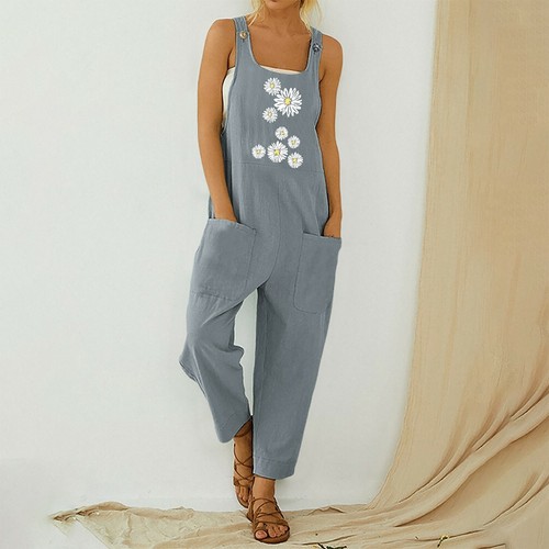 Womens Fashion Flower Dungarees Jumpsuit Playsuit Overalls Trousers Pants Romper - Picture 11 of 25
