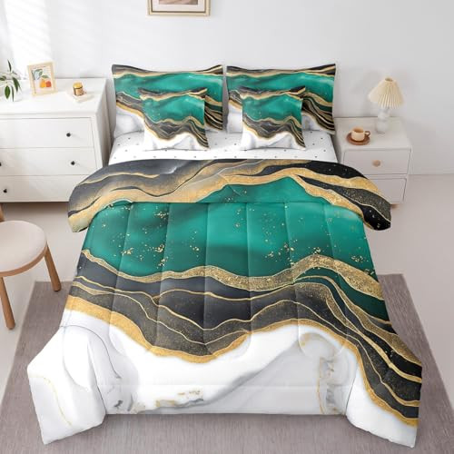 Black Green White Full Comforter Set 7-Piece Watercolor Marble Bedding - Picture 2 of 6