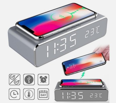 LED Electric Alarm Clock With Wireless Charger Desktop Digital