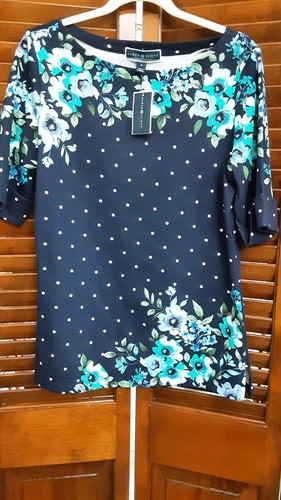 KAREN SCOTT Top Women's M Intrepid Blue Floral Boat-Neck Elbow-Sleeve NWT