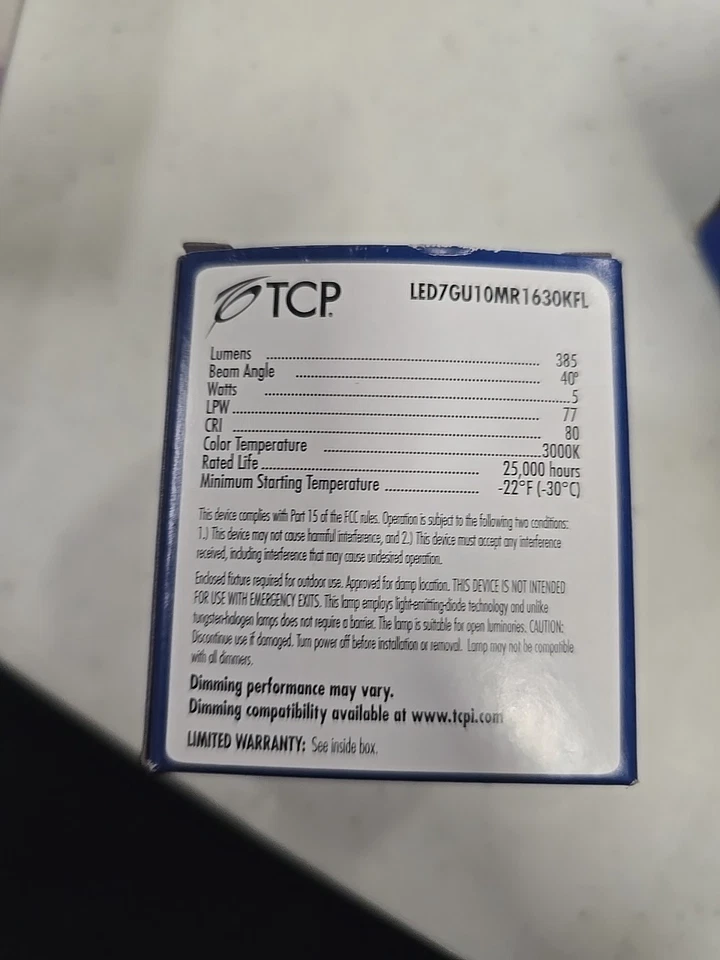 TCP LED7GU10MR1641KFL 5W MR16 LED Flood 3000K GU10 120V - Image 2 of 3