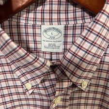 Brooks Brothers Men  s L Button Down Shirt Plaid Red Pink Blue Long Sleeve EUC