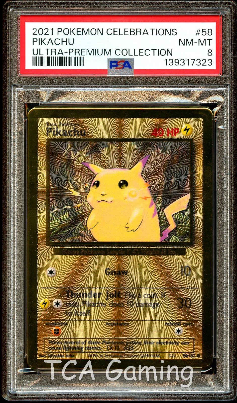 PSA 8 NM-MINT Pikachu 58/102 Gold METAL Classic HOLO PROMO Pokemon Card 323