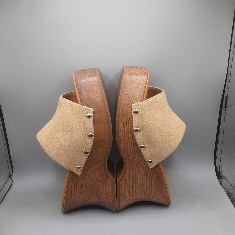 Zuecos de tacón Schutz Lanneh para mujer 5B gamuza nude claro A131 Foto 4 de 4