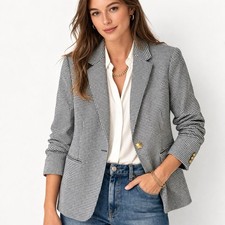 J CREW Campbell Blazer Size 4 Navy Micro Houndstooth Gold Buttons Wool Career