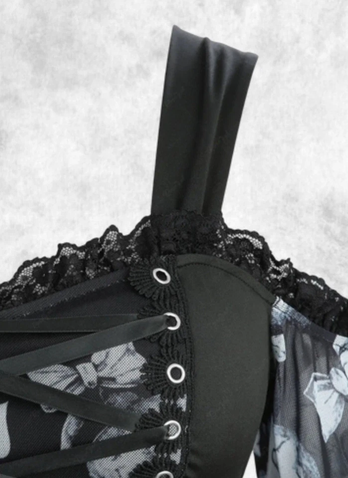 New Black Gothic Skull Corset Flared Sleeve Halloween Blouse size 2XL 20 22 24 - Image 3 of 4