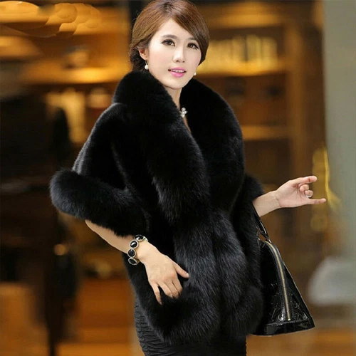 New Women Winter Faux Fur Coat Shawl Stole Wrap Scarf Cloak Cape Tops Warm - Picture 19 of 22