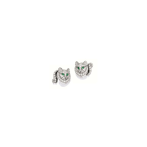 Stunning Vintage Cat Design Micro Pave White CZ & Green Emerald Eyes Cufflinks - Picture 1 of 3