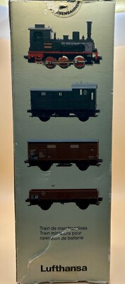 RARE Ltd Ed NIB N Minitrix Lufthansa Steam Freight Locomotive+3 Freight Cars Set