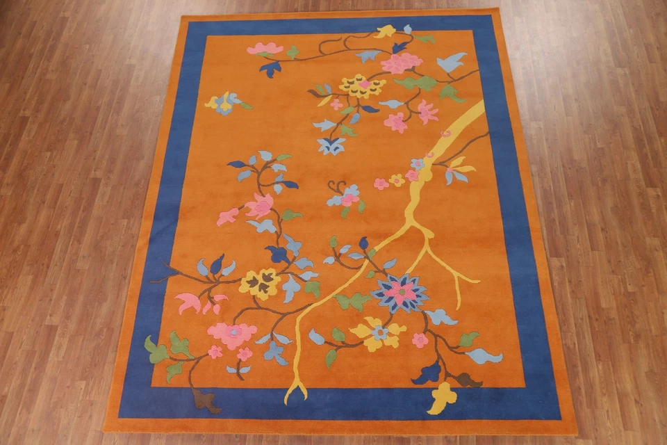 Orange Art Deco Chinese Area Rug 8x10 Hand-made Wool/ Silk Transitional Carpet - Image 2 of 4