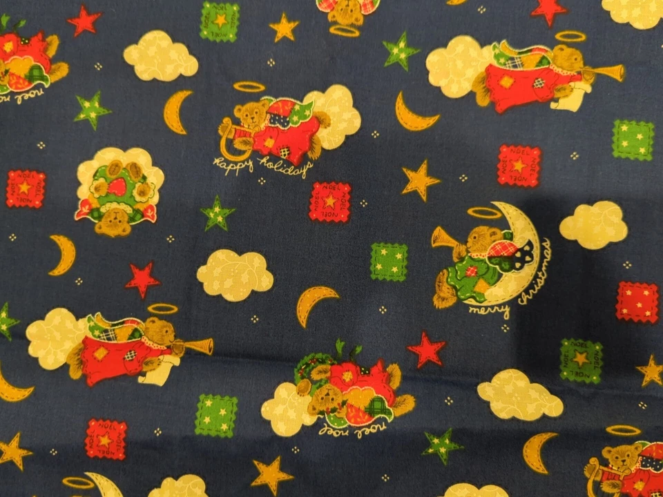Vtg Angel Teddy Bear Fabric Christmas Traditions Blue Clouds 1 YARD Noel Patches - Image 4 of 4