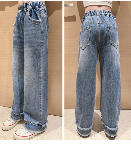 Girl's Pants Leg Raw Edge Wide Leg Pants Trendy Spring Style Jeans Pants - Picture 9 of 14