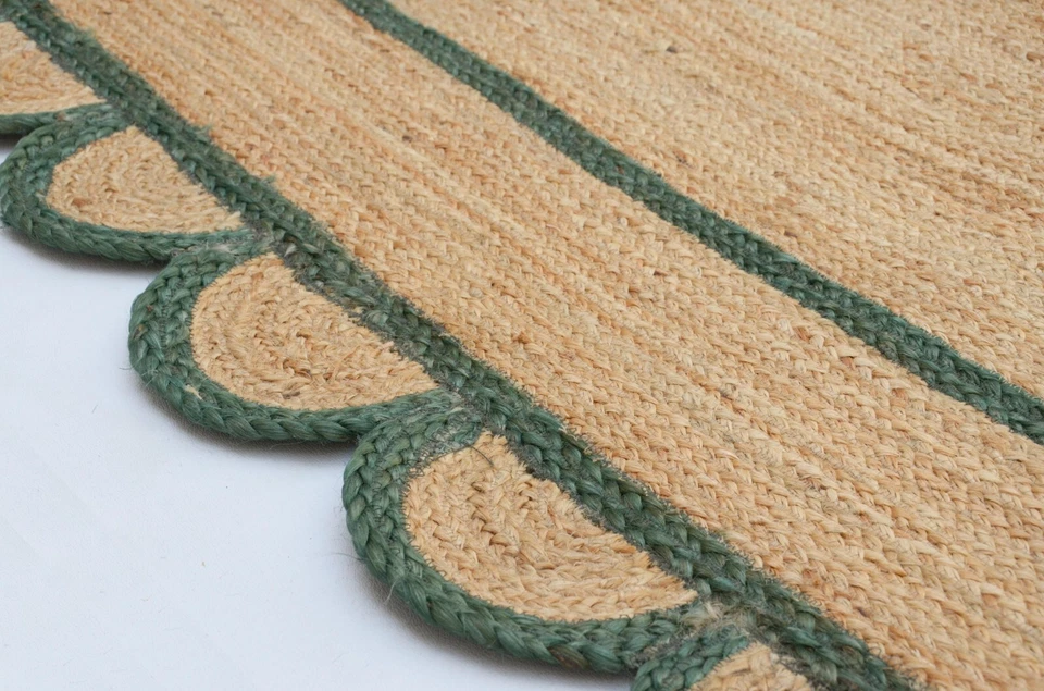 Scalloped Jute Rug Natural with Green Trim Boho Jute Area Rug Scallop Runner Rug - Image 4 of 4