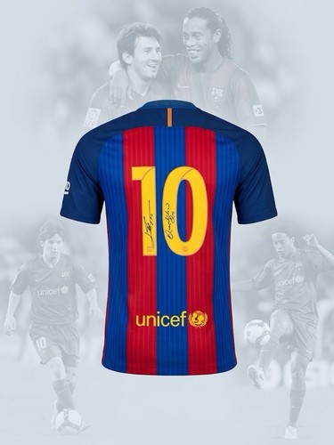 Lionel Messi Ronaldinho Signed Dual Barcelona 2019/20 Jersey Icons COA Auto