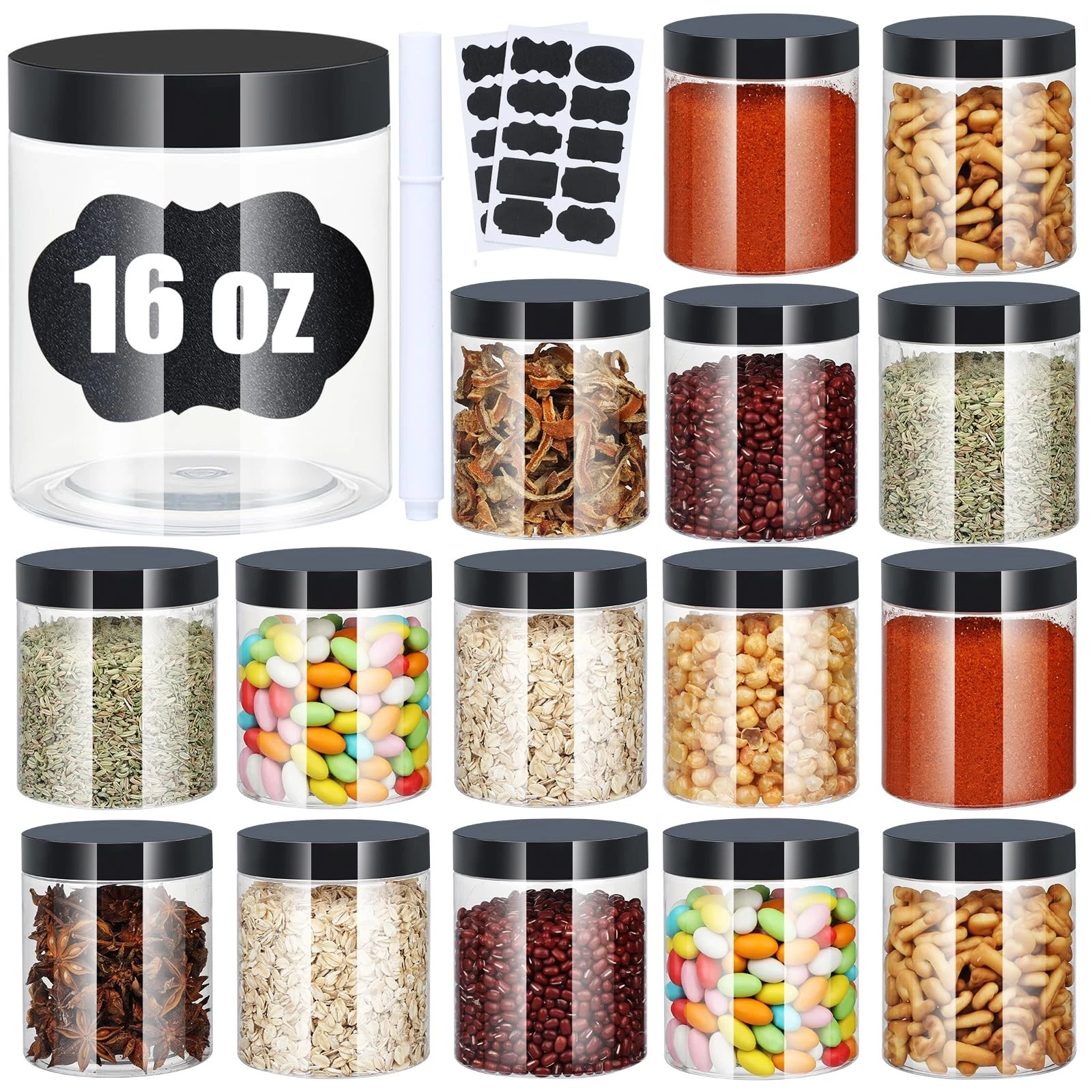 Crazystorey Plastic Jars with 3.4 x x 4.08 inches, 16 PCS Black Lids