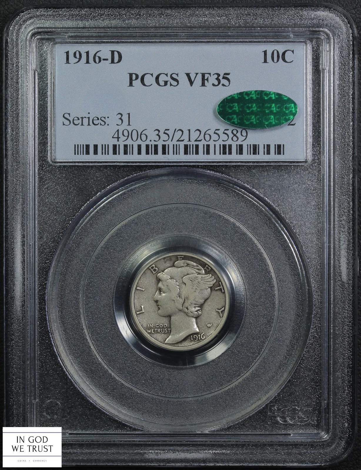 1916 D Mercury Silver Dime 10C PCGS VF 35 CAC