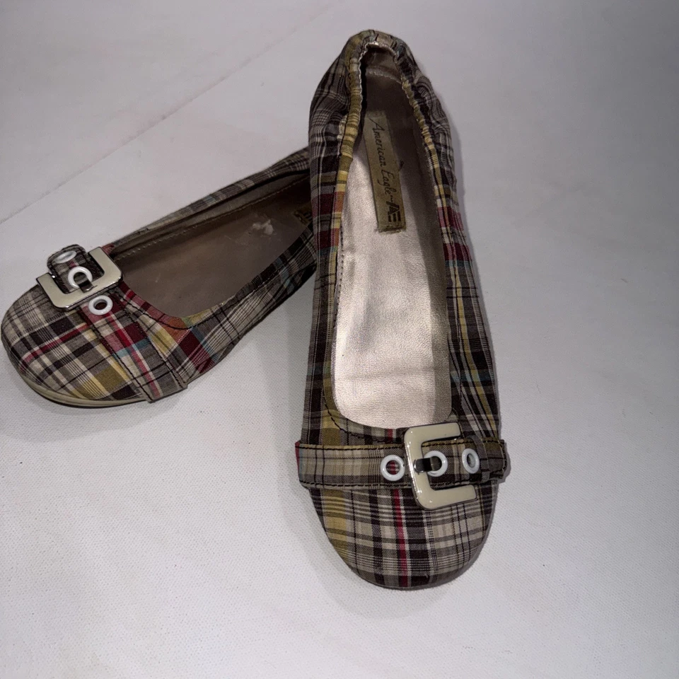 Vintage American Eagle Y2K Plaid Shimmer Buckle Flats Dress Shoes 8M - Image 2 of 4