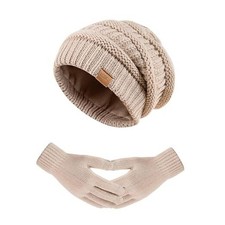 Women's Beanie Hat Gloves Set, Fleece Lined Winter Hat with Touchscreen Oat
