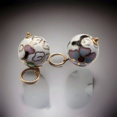 Vintage 14K Gelbgold Cloisonne Emaille Kugel Charm Anhänger 2 Stck. 2,8 g