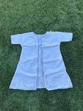 Vintage Baby Linen Gown White Blue Embroidery Handmade Infant Christening