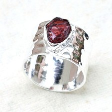 Hammered Silver Ring Wide Band Silver Ring Natural Raw Garnet Birthstone-RR264