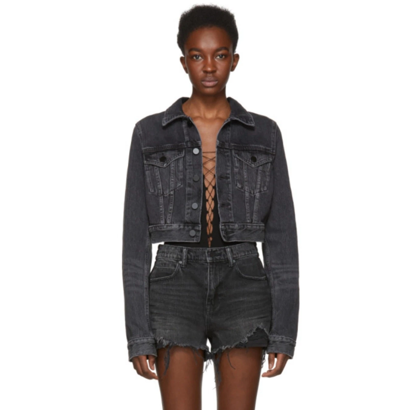 ALEXANDER WANG Shrunken Denim Jacket Cropped Button Up Aged Grey Women's S