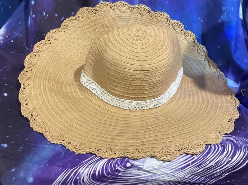 Sun Hat Straw Scalloped Brim White Band Floppy Wide Brim Beach