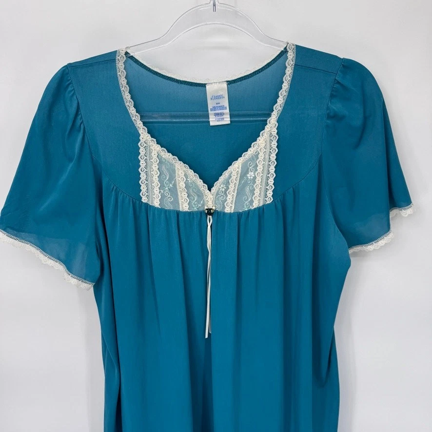 Vintage Classic Elements Nightgown Womens Medium Blue Satin Nylon Lace Trim - Image 2 of 4