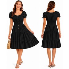 Women's Button Front Smocked Waist Puff Sleeve Tiered Boho Flowy A-Line Dress